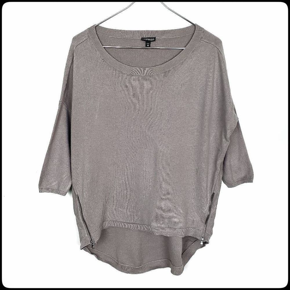 EXPRESS Taupe Tunic Top Stretch Side Zip Crew Neck Pullover High Low Batwing Med